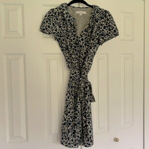 LOFT Tie Neck Blue Black Tan Floral Tie Waist Dress XS